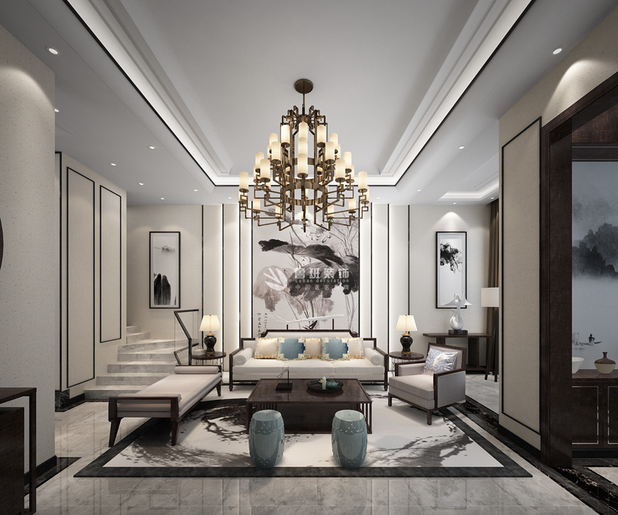 西安(ān)魯班裝(zhuāng)飾出品金地湖(hú)城大境339平米黑胡桃色新(xīn)中(zhōng)式田百朋主筆(bǐ)設計——客廳沙發背景牆設計效果圖