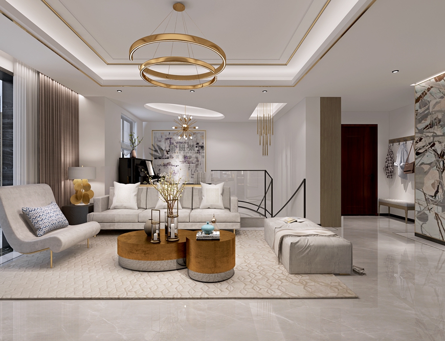 西安(ān)魯班裝(zhuāng)飾出品中(zhōng)海曲江大城200平米現代輕奢風設計雷策主筆(bǐ)設計——客廳沙發區(qū)設計效果圖