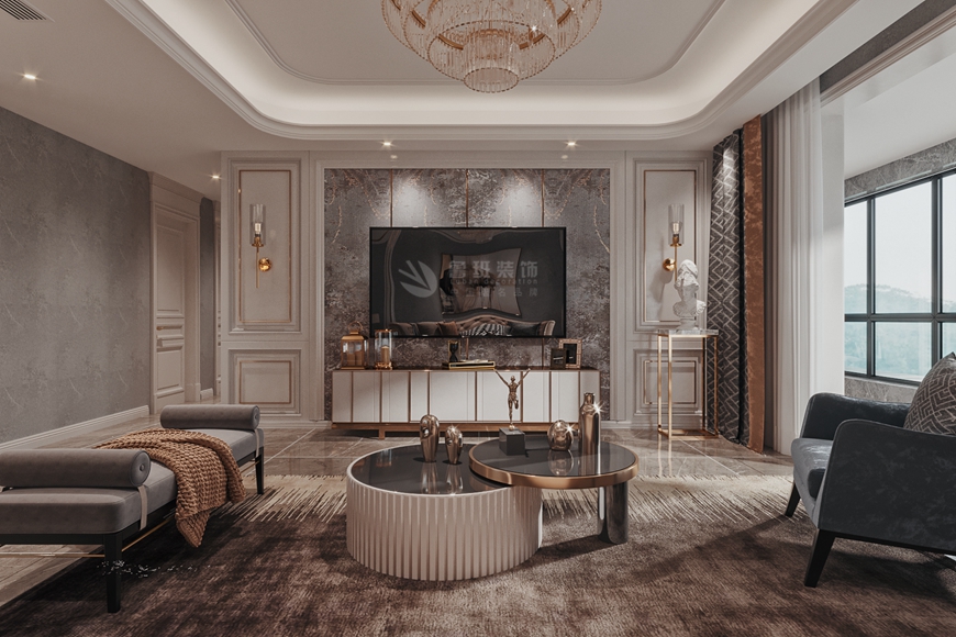 安(ān)魯班裝(zhuāng)飾出品金地西沣公(gōng)元160平米四居室現代輕奢張巍設計師主筆(bǐ)——客廳電(diàn)視背景牆設計效果圖