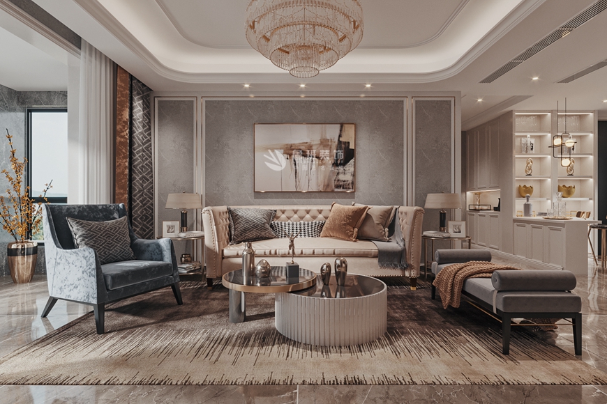 西安(ān)魯班裝(zhuāng)飾出品金地西沣公(gōng)元160平米四居室現代輕奢張巍設計師主筆(bǐ)——客廳沙發背景牆設計效果圖