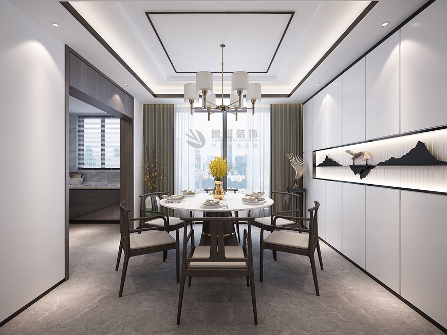 西安(ān)魯班裝(zhuāng)飾出品昌建城三居室161平米新(xīn)中(zhōng)式東方詩韻塗黎設計師主筆(bǐ)——餐廳設計效果圖